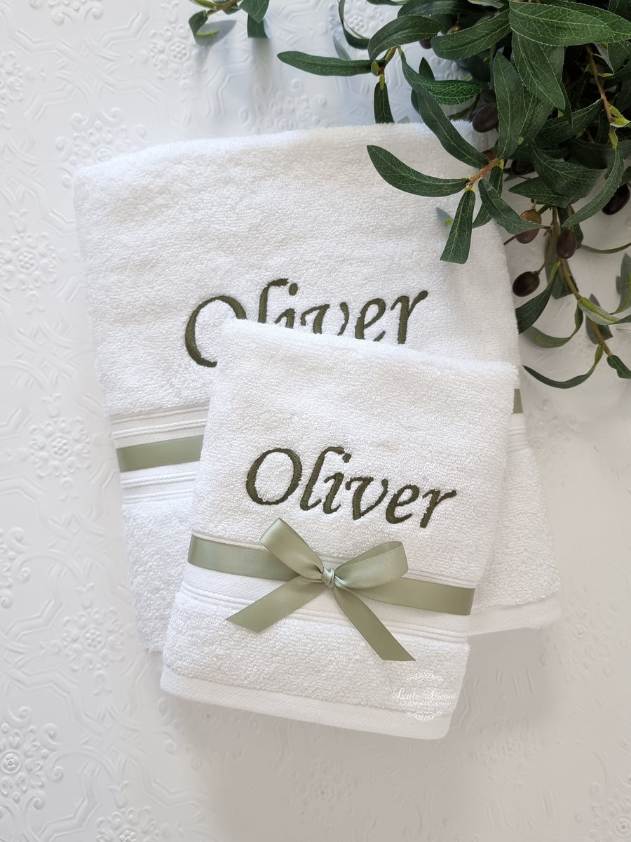 AVAILABLE NOW 'OLIVER' Green Personalised Christening Towel Set