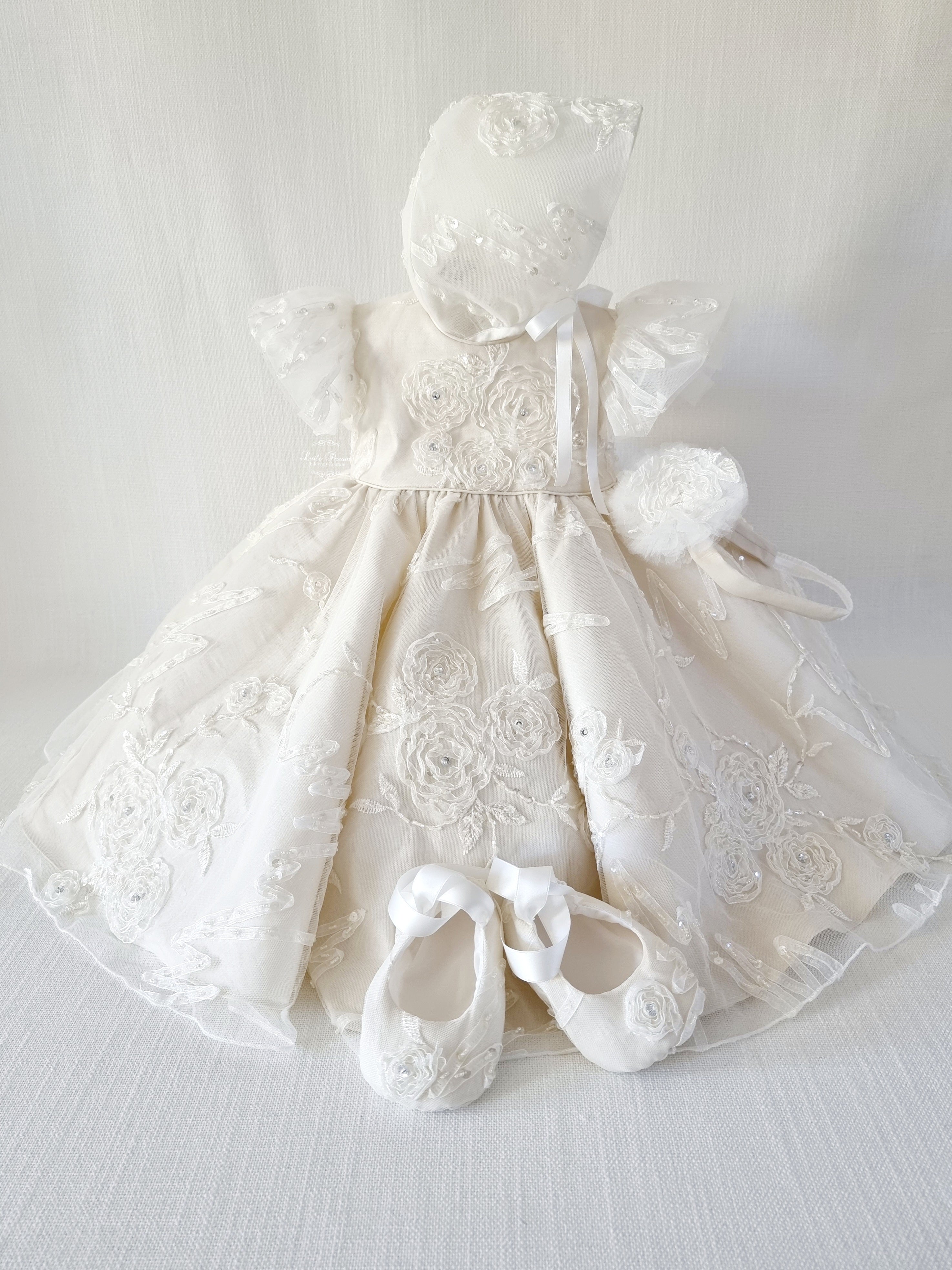 'LITTLE GRACE' 4pc Raised Lace Christening Dress - Main Image