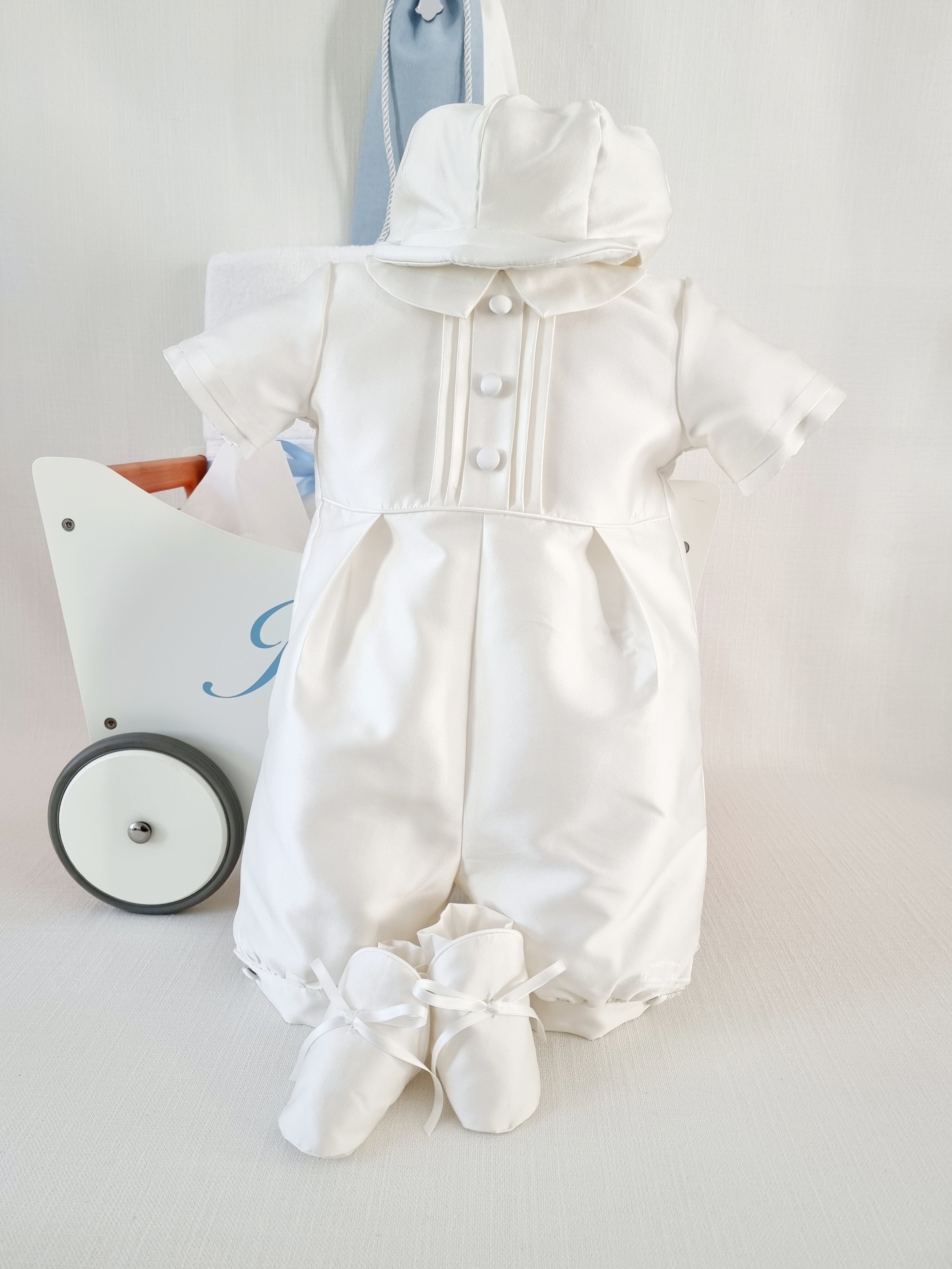 Romeo' 3pc Italian Mikado Short Sleeve Christening Romper – Little