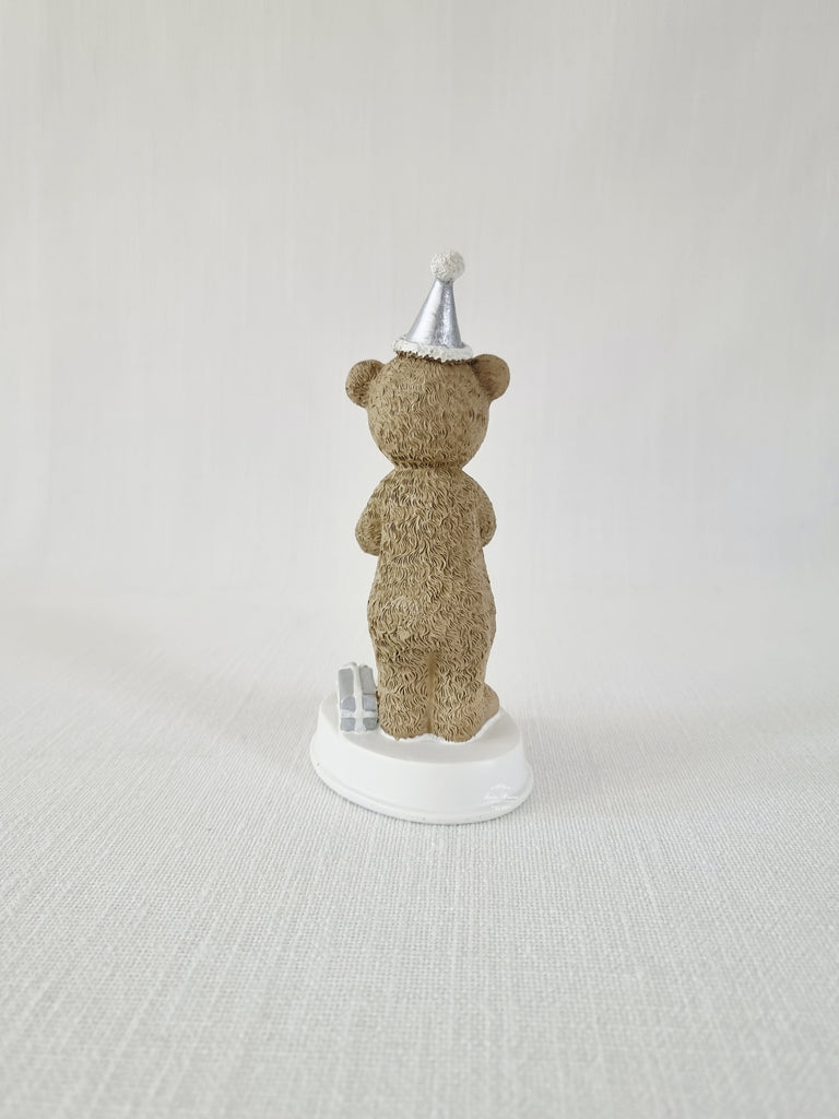 Teddy bear figurine with a birthday cake and candle on a white base with 'Happy Birthday to you' text.