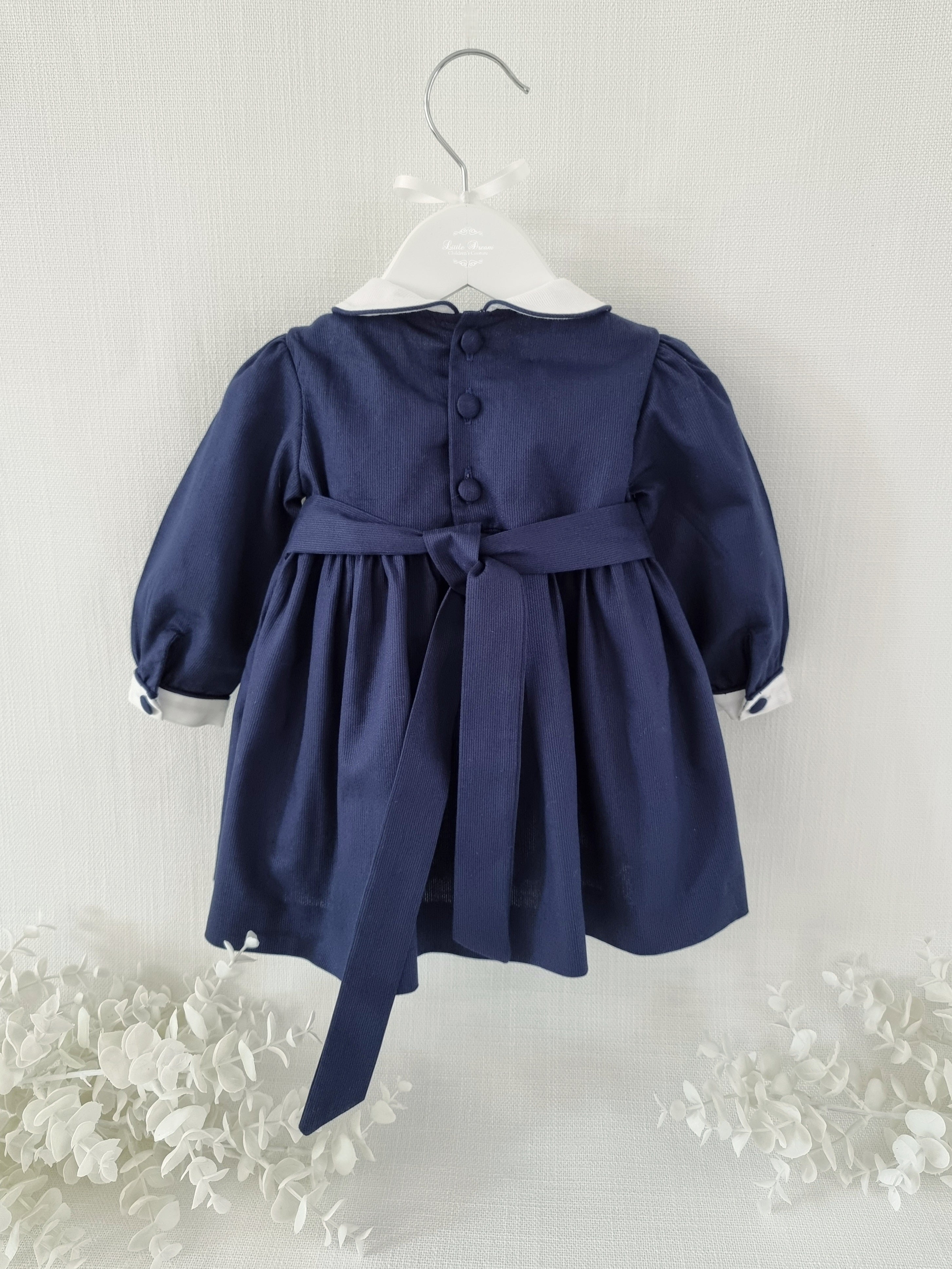 Navy Cotton Pique Smock & hand Embroidery Long Sleeve Dress Little Dream Navy Cotton Pique Smock & hand Embroidery Long Sleeve Dress Little Dream