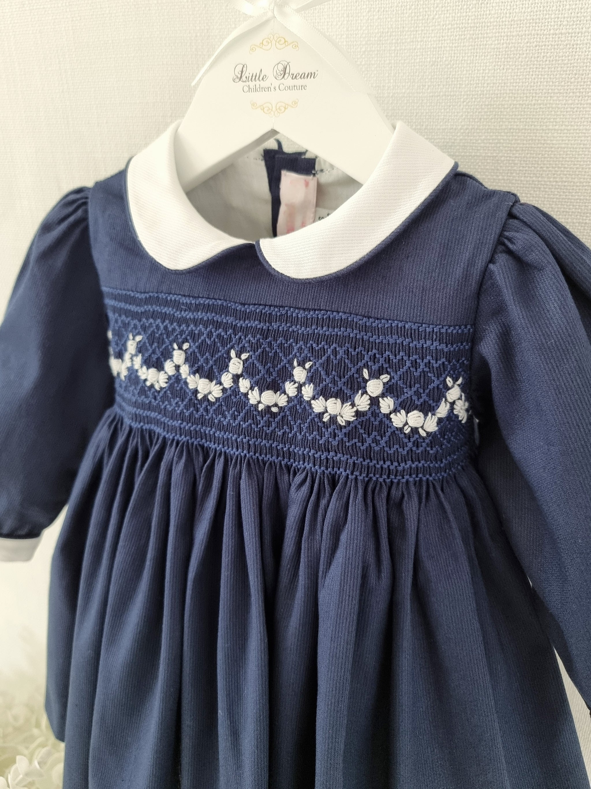 Navy Cotton Pique Smock & hand Embroidery Long Sleeve Dress  Little Dream