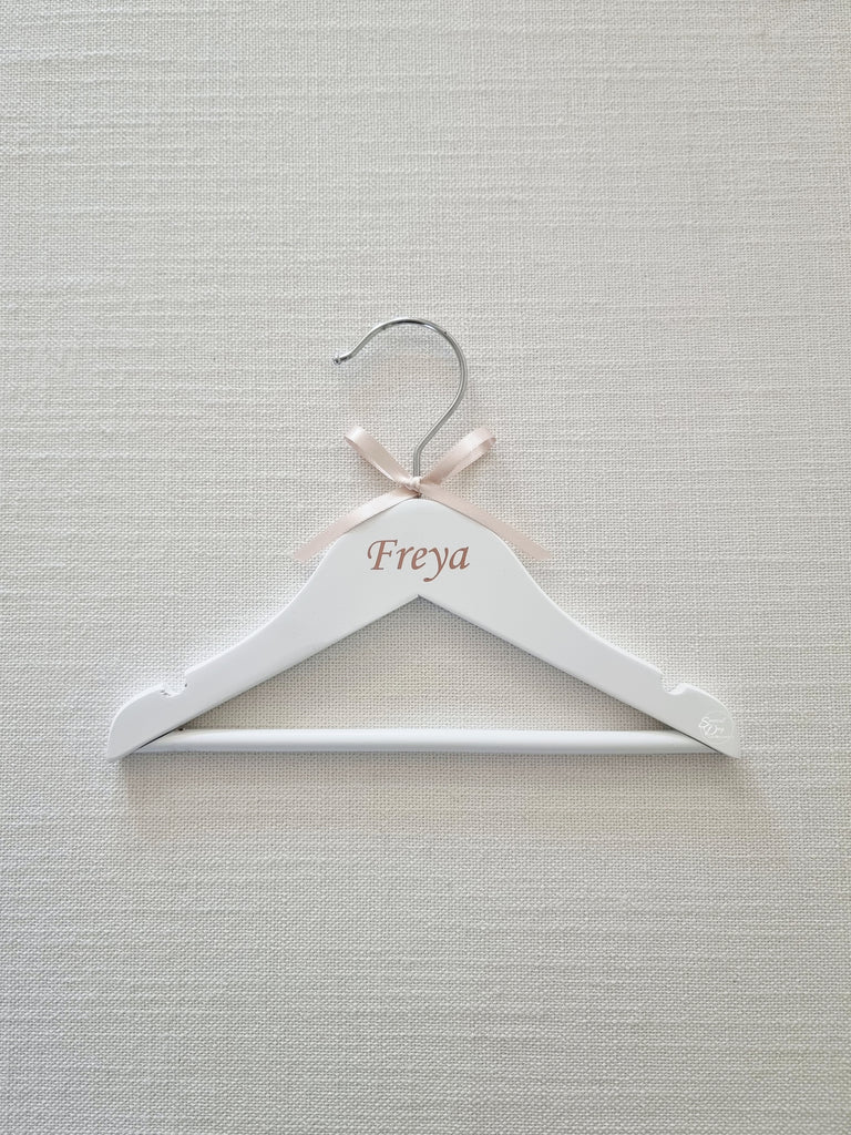 Baby white coat hanger with personalised name 'Freya'. Keepsake for any event like Baptism | Christening, first birthday, Holy Communion, wedding etc.