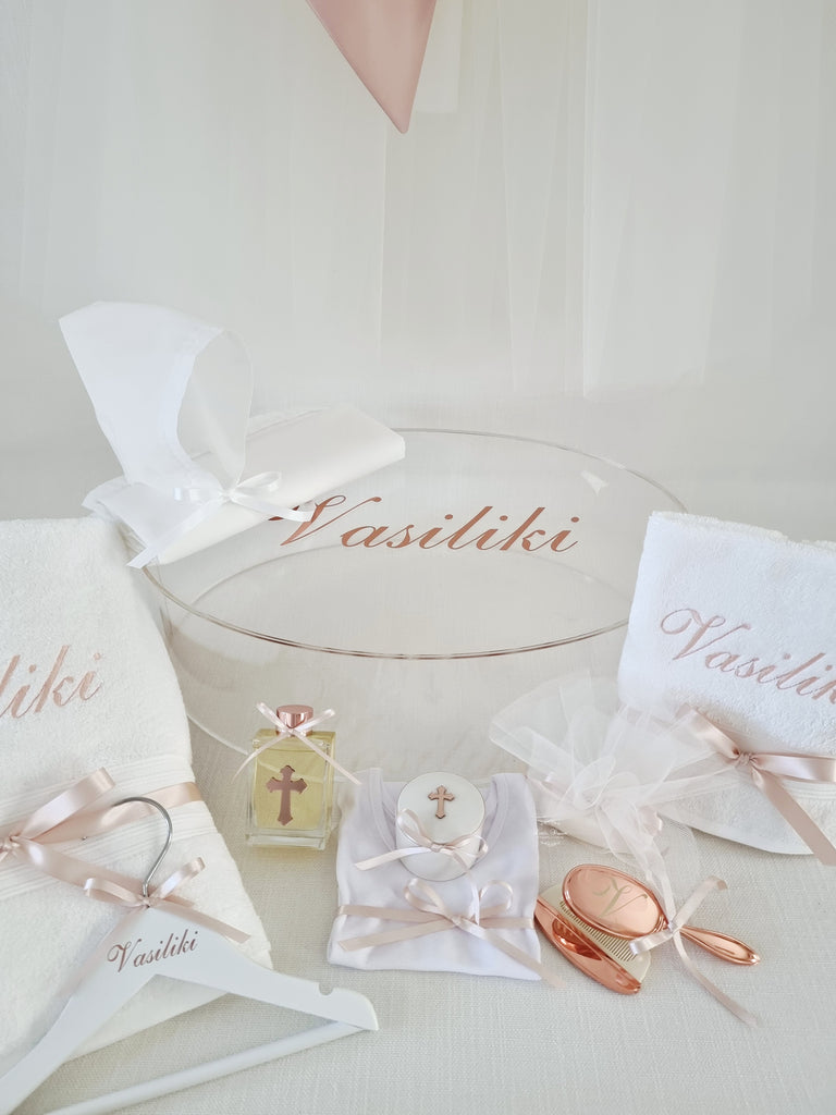 Keepsake acrylic box Baptismal items with 'Vasiliki' branding on a white background