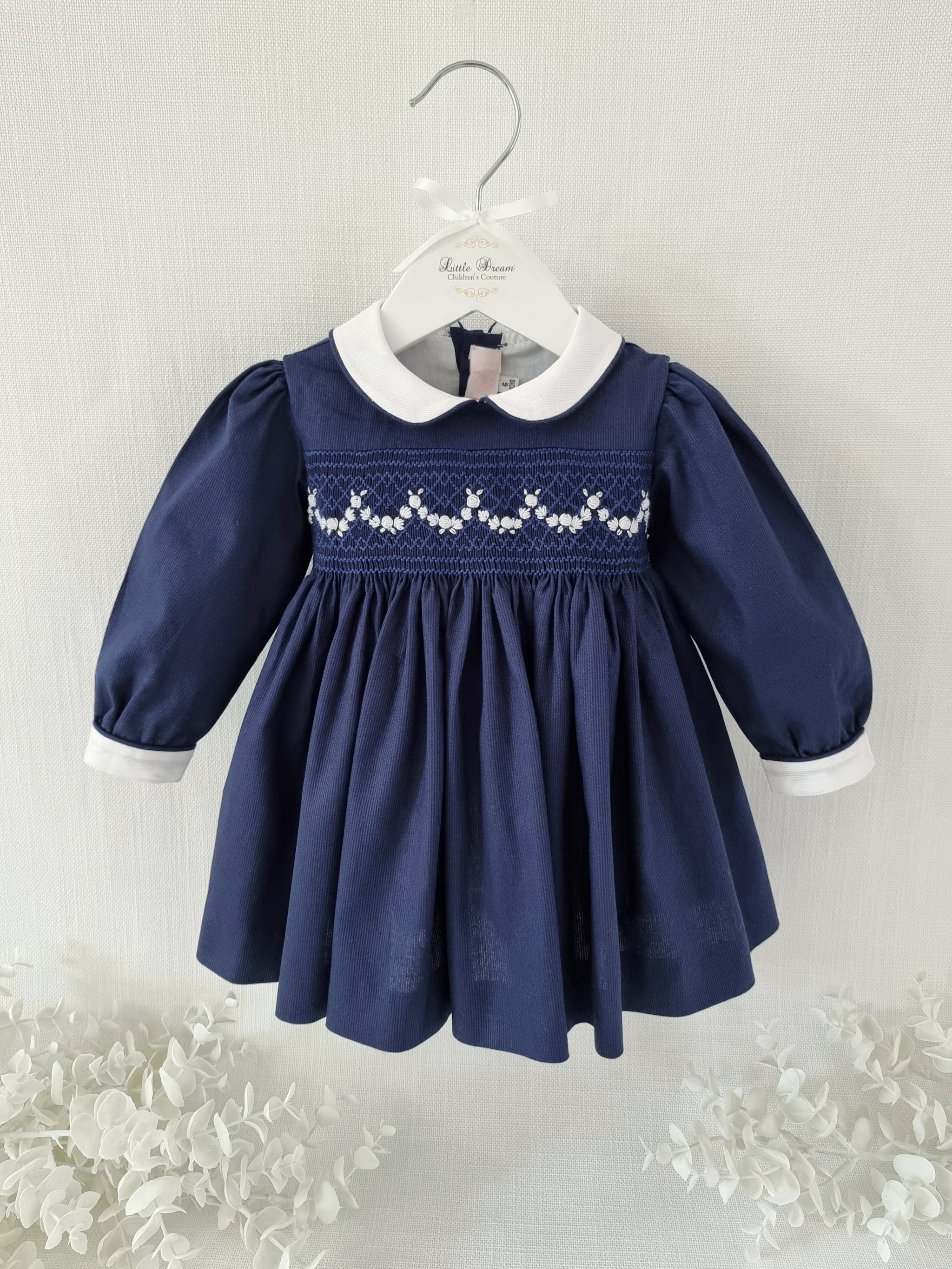 navy blue dress with white collar Navy Cotton Pique Smock & hand Embroidery Long Sleeve Dress – Little Dream