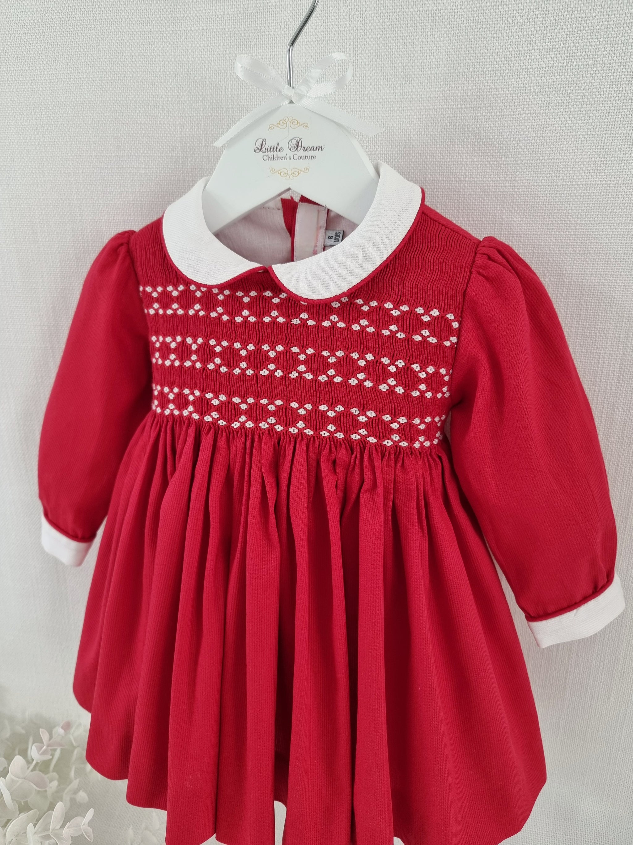 Textured Cotton Red Pique Smock & Hand Embroidered Long Sleeve Dress   Little Dream