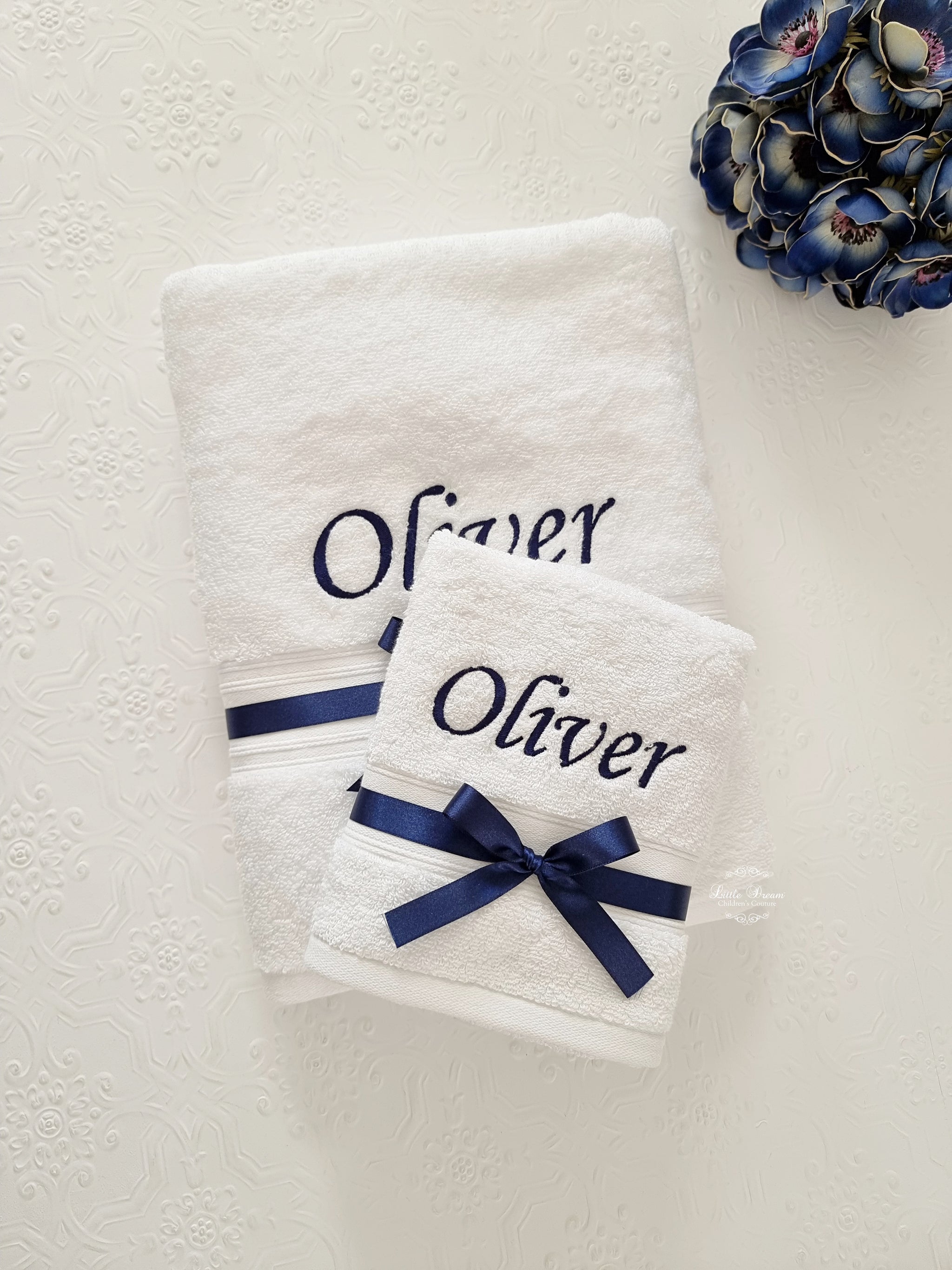 AVAILABLE NOW 'OLIVER' Navy Personalised Christening Towel Set