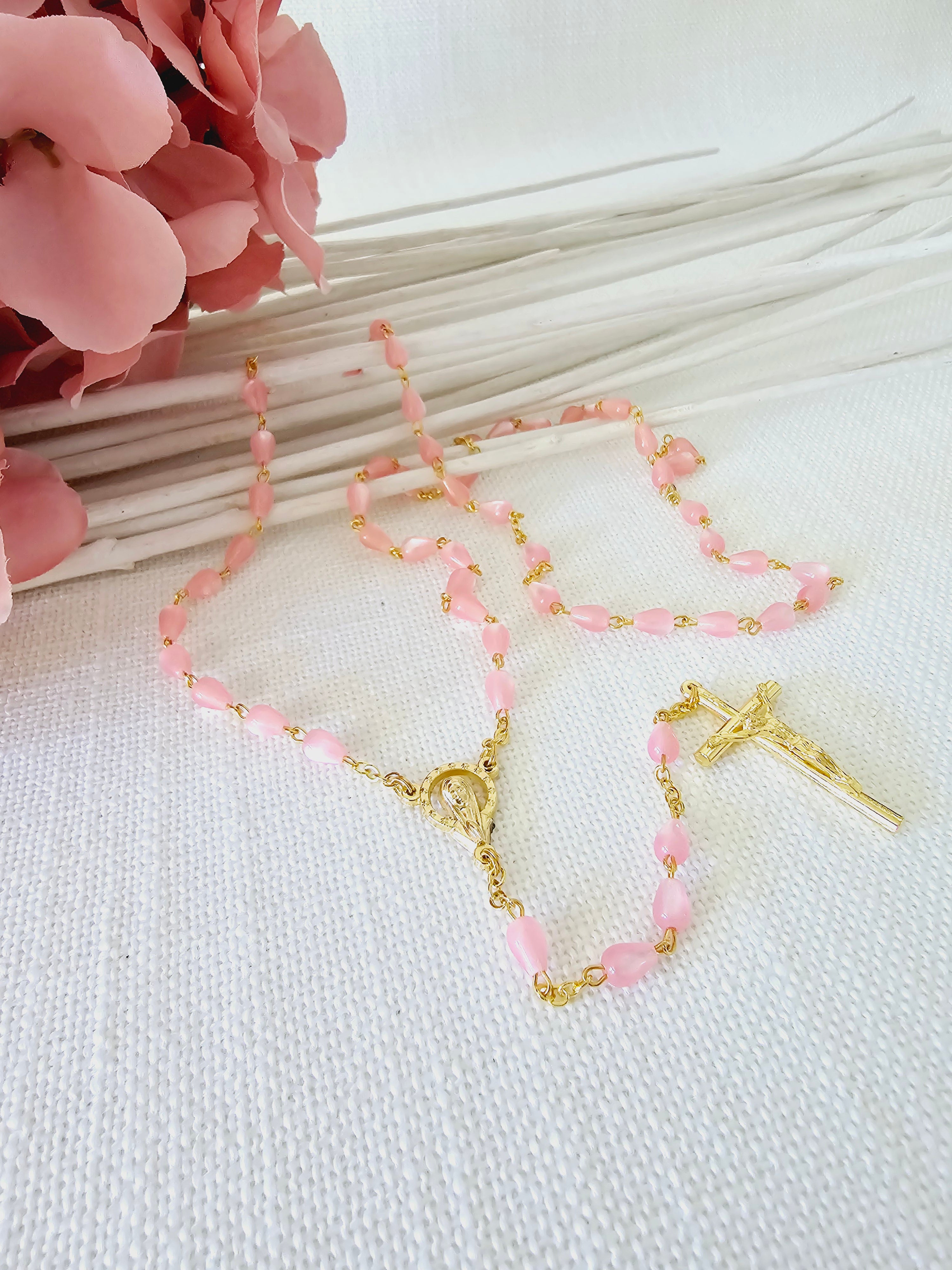Rosary Gold Pink Mother of Pearl Imitation Teardrop 5mm