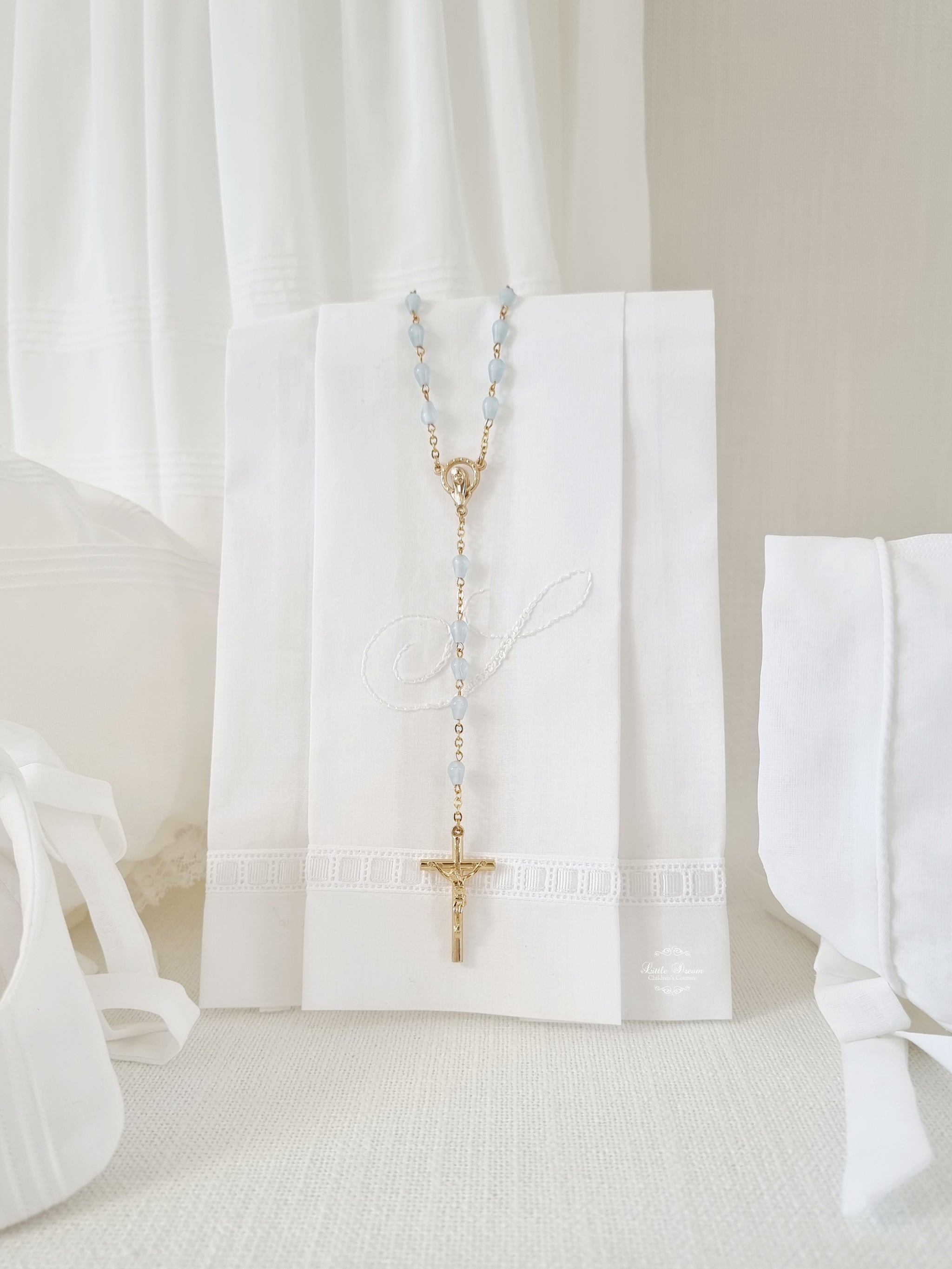 Rosary Gold Baby Blue Mother of Pearl Imitation Teardrop 5mm