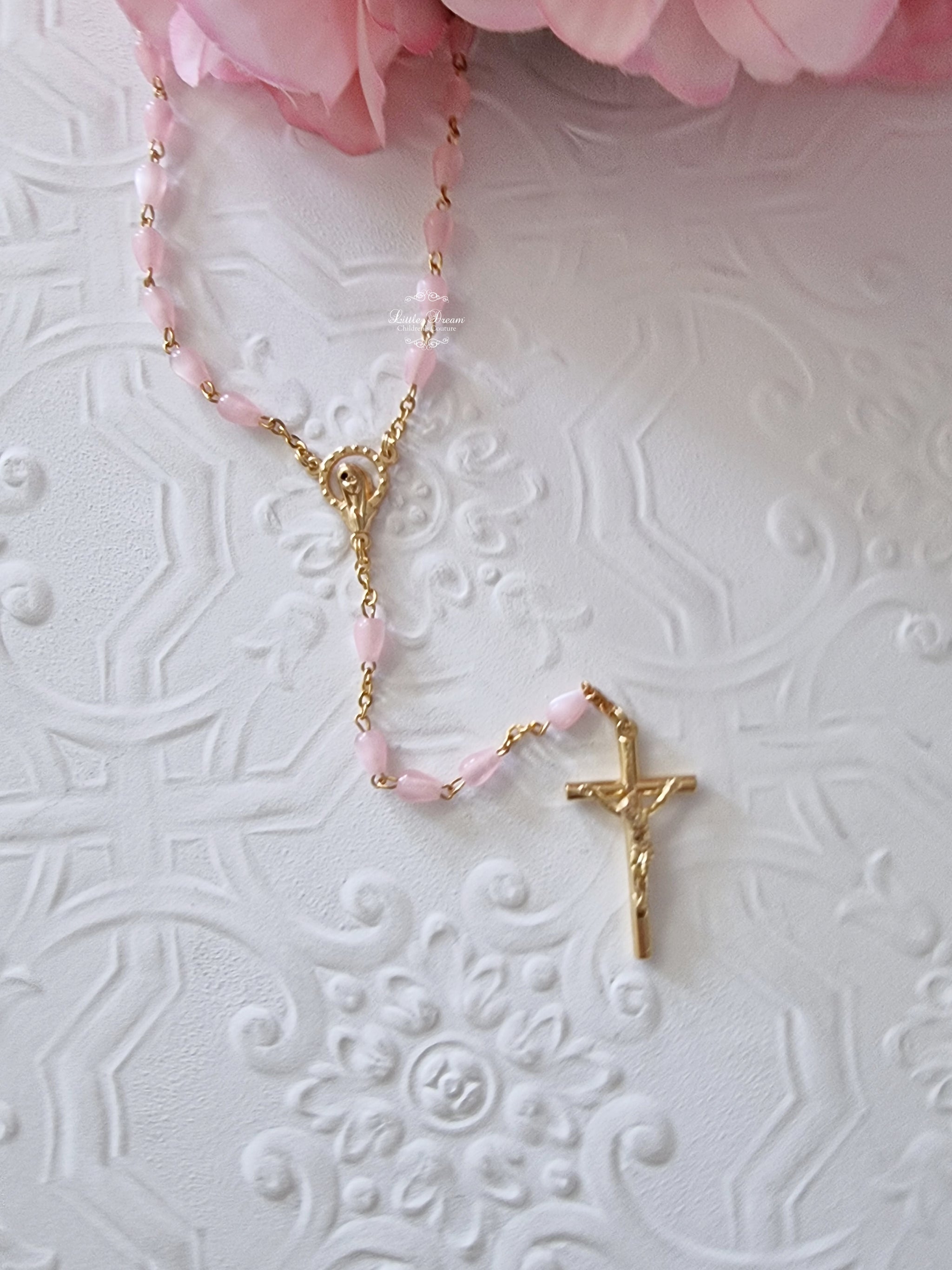 Rosary Gold Pink Mother of Pearl Imitation Teardrop 5mm